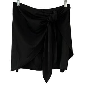 Black Satiny Faux Wrap Mini Skirt NWT Woman Size Large Front Tie Drape Holiday